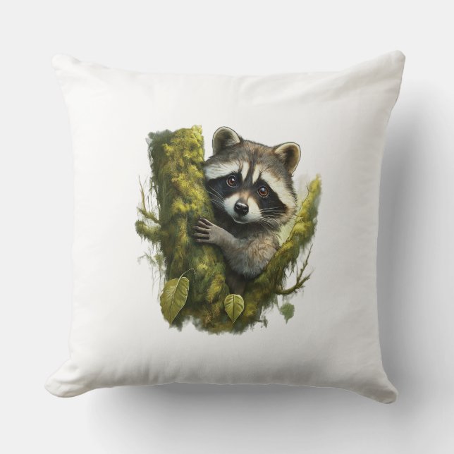 racoon climbing up a tree in a forest. cushion (Front)