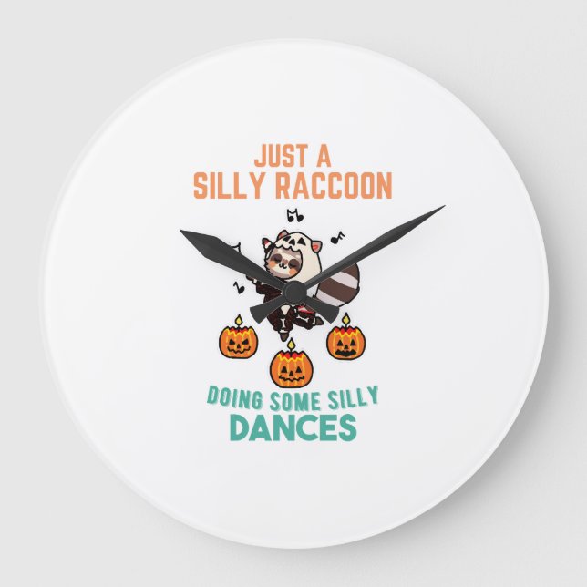 Racoon Dancing Halloween Pumpkin Party Large Clock (Front)