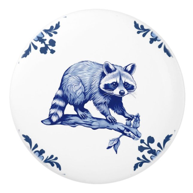 Racoon Delft Blue and White Corners Woodland Ceramic Knob (Front)