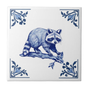 Racoon Delft Blue and White Corners Woodland Tile