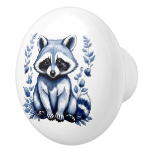 Racoon Delft Blue White Corners Woodland Animals Ceramic Knob