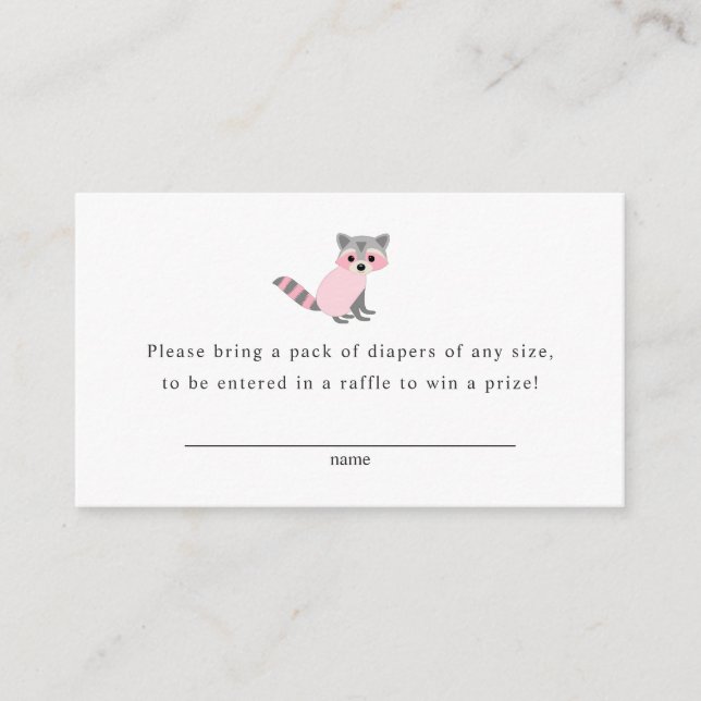 Racoon diaper raffle card for girl baby shower (Front)