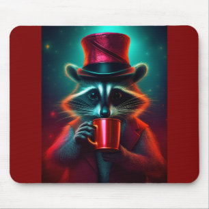 Racoon Dressed In A Red Outfit Drinking Coffee Mouse Mat