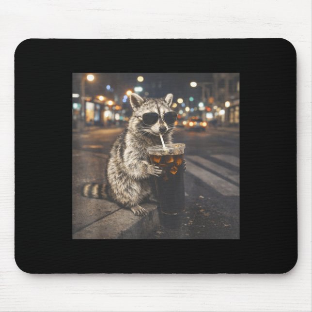 Racoon drinking black iced coffee funny animal mouse mat (Front)