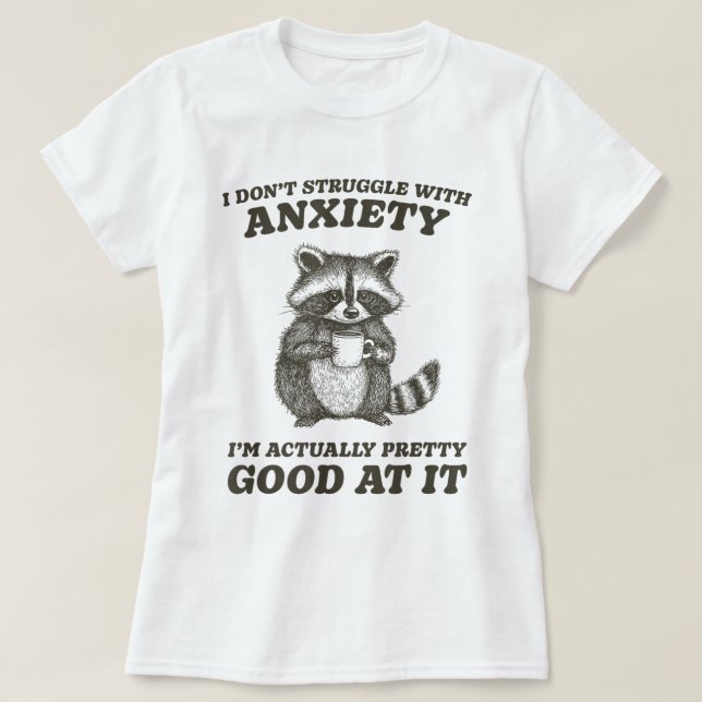 Racoon Drinking Coffee Anxiety Humour T-Shirt (Design Front)