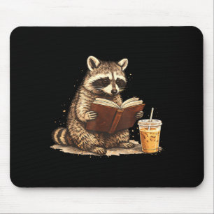 Racoon drinking iced coffee & reading book mouse mat