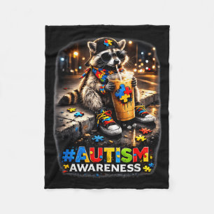 Racoon drinking iced coffee autism awarenessRacco Fleece Blanket