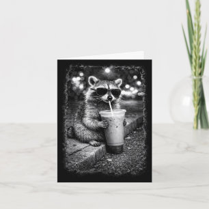 Racoon drinking iced coffee funny animal meme card