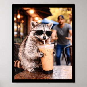 Racoon drinking iced coffee funny animal meme coo poster