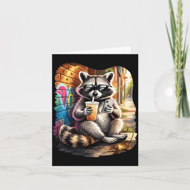 Racoon drinking iced coffee funny animal meme men card (Front)