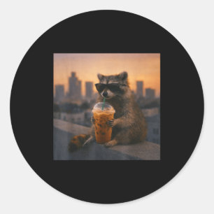 Racoon drinking iced coffee funny animal meme men classic round sticker