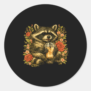 Racoon drinking iced coffee funny animal meme men classic round sticker