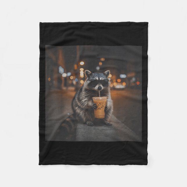 Racoon drinking iced coffee funny animal meme men fleece blanket (Front)