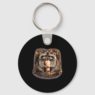 Racoon drinking iced coffee funny animal meme men key ring