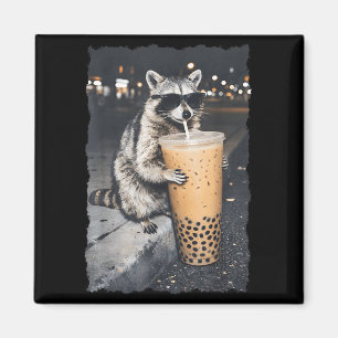 Racoon drinking iced coffee funny animal meme men magnet