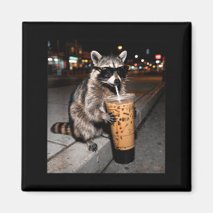 Racoon drinking iced coffee funny animal meme men magnet
