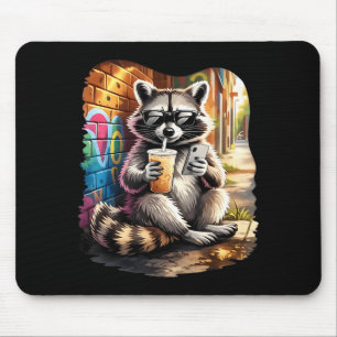 Racoon drinking iced coffee funny animal meme men mouse mat