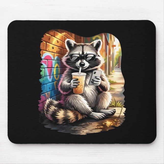 Racoon drinking iced coffee funny animal meme men mouse mat (Front)