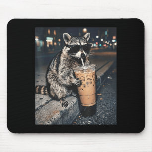 Racoon drinking iced coffee funny animal meme men mouse mat