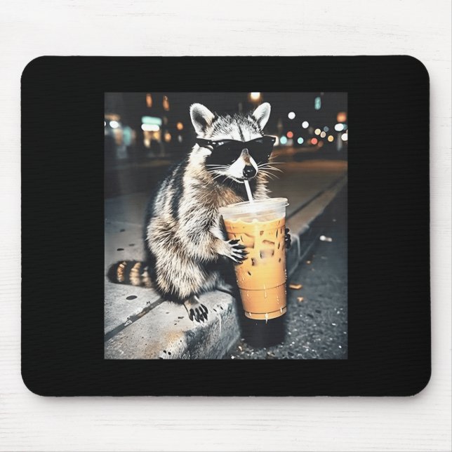 Racoon drinking iced coffee funny animal meme men mouse mat (Front)