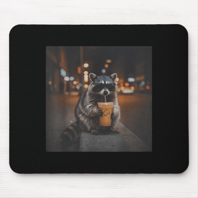 Racoon drinking iced coffee funny animal meme men mouse mat (Front)