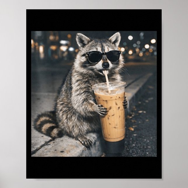 Racoon drinking iced coffee funny animal meme men poster (Front)