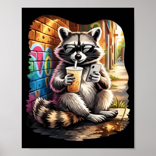 Racoon drinking iced coffee funny animal meme men poster (Front)