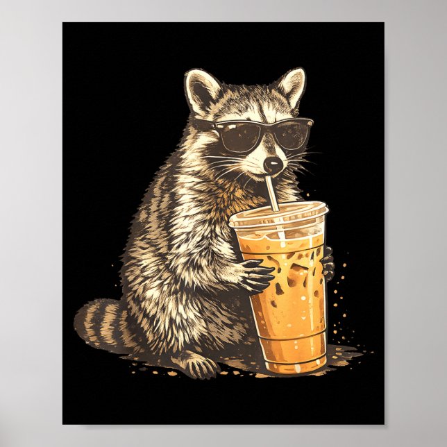 Racoon drinking iced coffee funny animal meme men poster (Front)