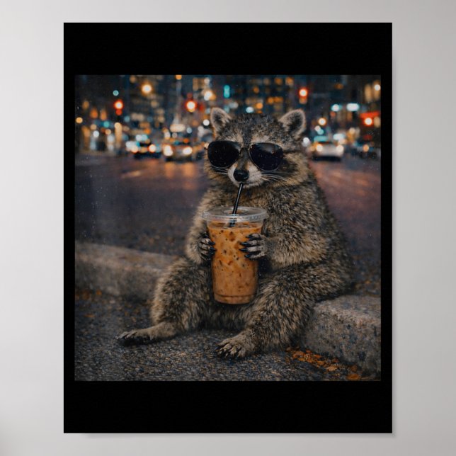 Racoon drinking iced coffee funny animal meme men poster (Front)