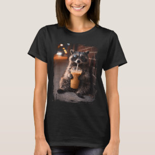 Racoon drinking iced coffee funny animal meme T-Shirt