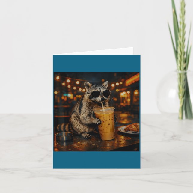 Racoon Drinking Iced Coffee Funny Illustration Card (Front)