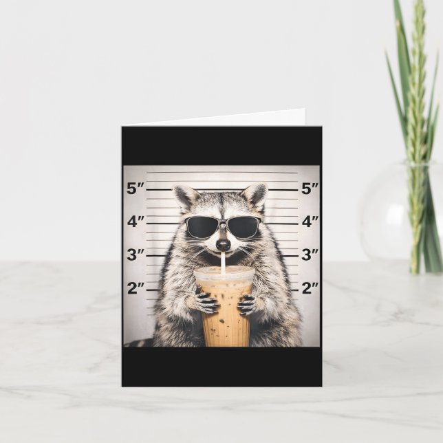 Racoon drinking iced coffee funny mugshot animal card (Front)