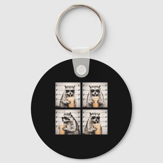 Racoon drinking iced coffee funny mugshot animal key ring (Front)