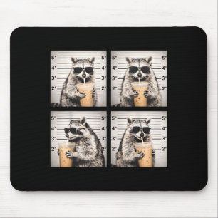 Racoon drinking iced coffee funny mugshot animal mouse mat
