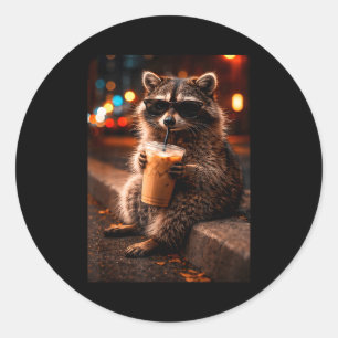 Racoon drinking iced coffee funny trash panda classic round sticker