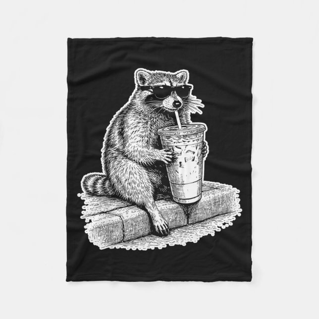 Racoon drinking iced coffee trash panda funny fleece blanket (Front)