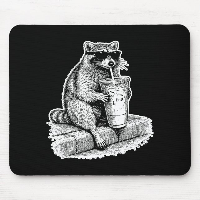 Racoon drinking iced coffee trash panda funny mouse mat (Front)
