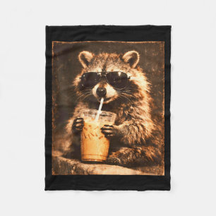 Racoon drinking iced coffee vintage style look fleece blanket