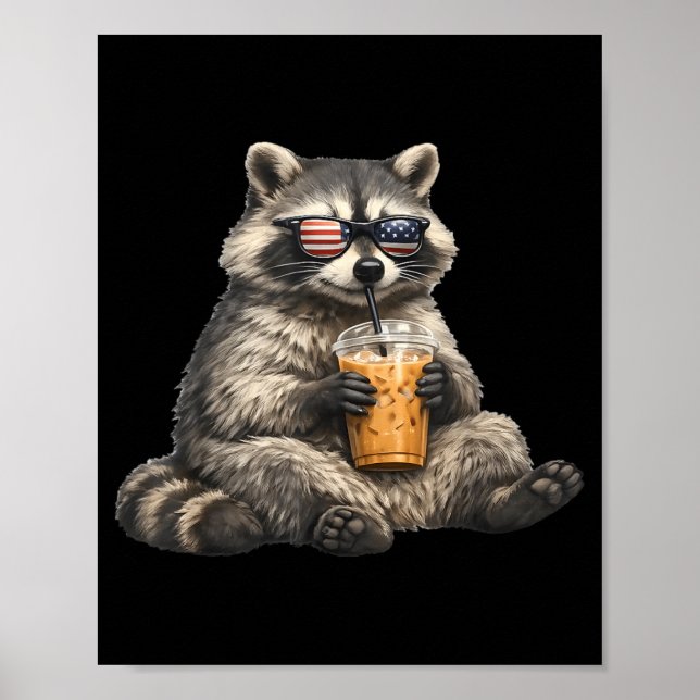 Racoon Drinking Iced Coffee Wearing Flag Sunglass Poster (Front)