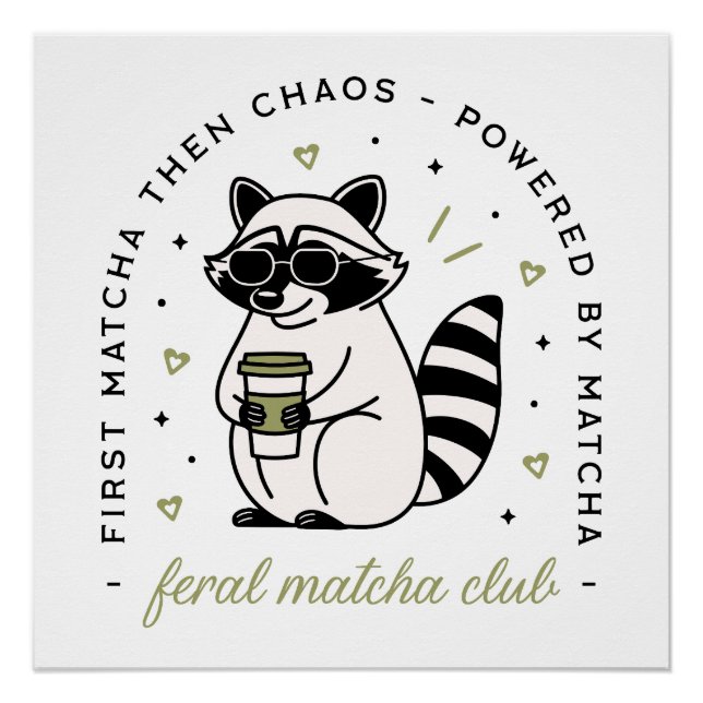Racoon drinking matcha club funny kawaii animal poster (Front)