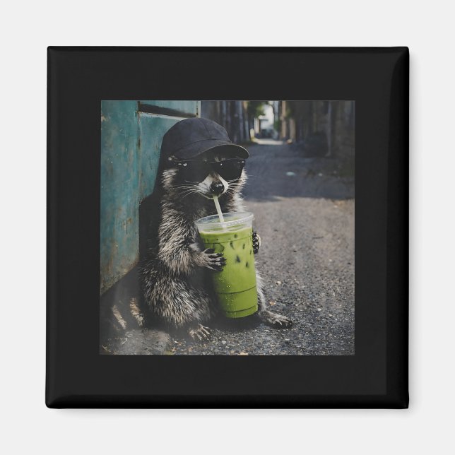 Racoon drinking matcha latte funny animal meme me magnet (Front)