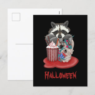 Racoon drinks cocktail with skull holiday postcard