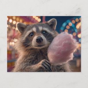 Racoon eating cotton candy at amusement park holiday postcard