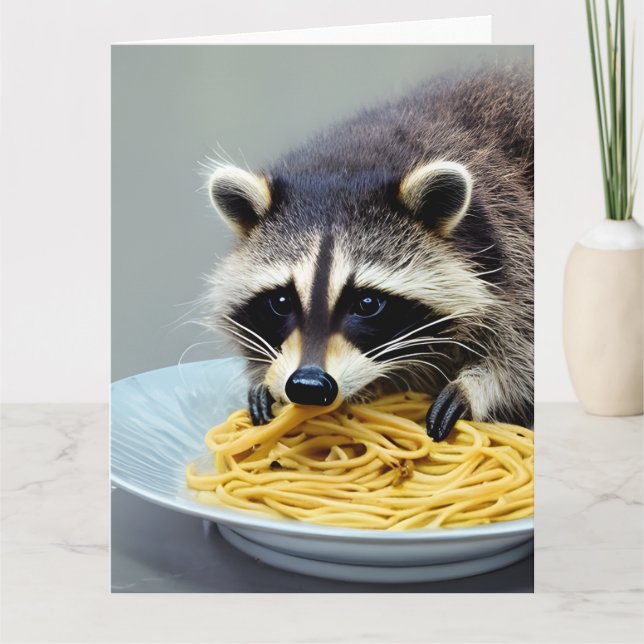Racoon Eating Spaghetti Folded Greeting Card (Front)