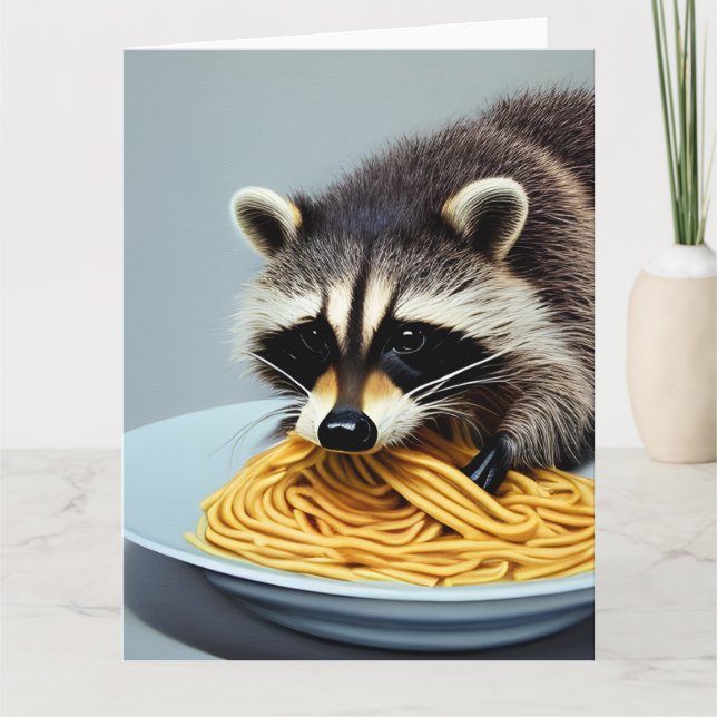Racoon Eating Spaghetti Greeting Card (Front)