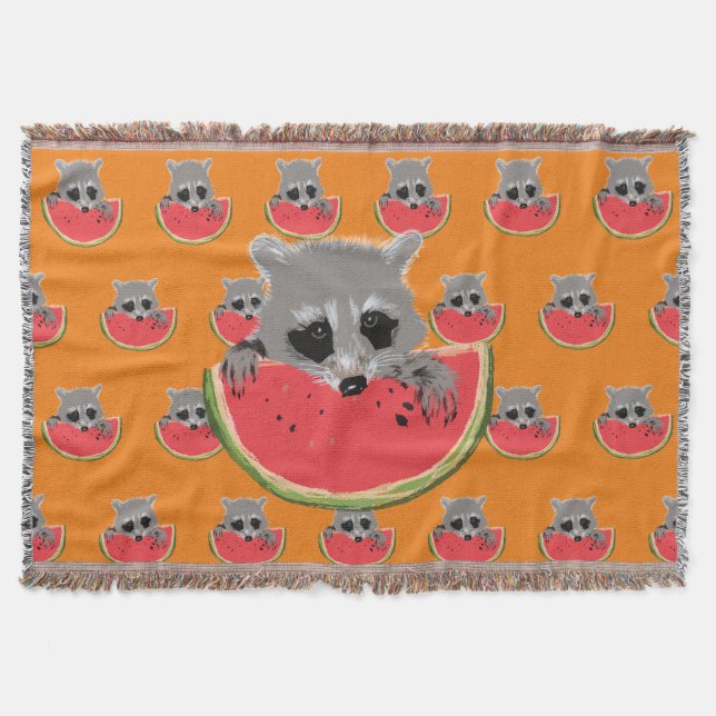 Racoon eating  watermelon throw blanket (Front)