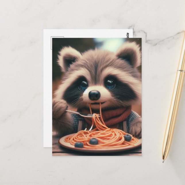 Racoon Eats Spaghetti Postcard (Front/Back In Situ)