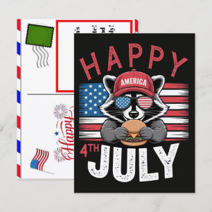 Racoon enjoying a burger for fourth of july holiday postcard