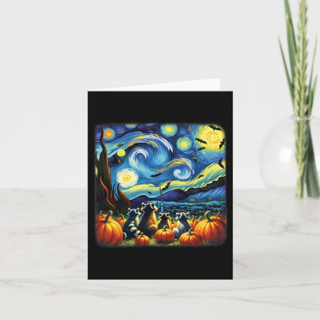 Racoon Fall Halloween Van Gogh Starry Night Pumpk Card (Front)