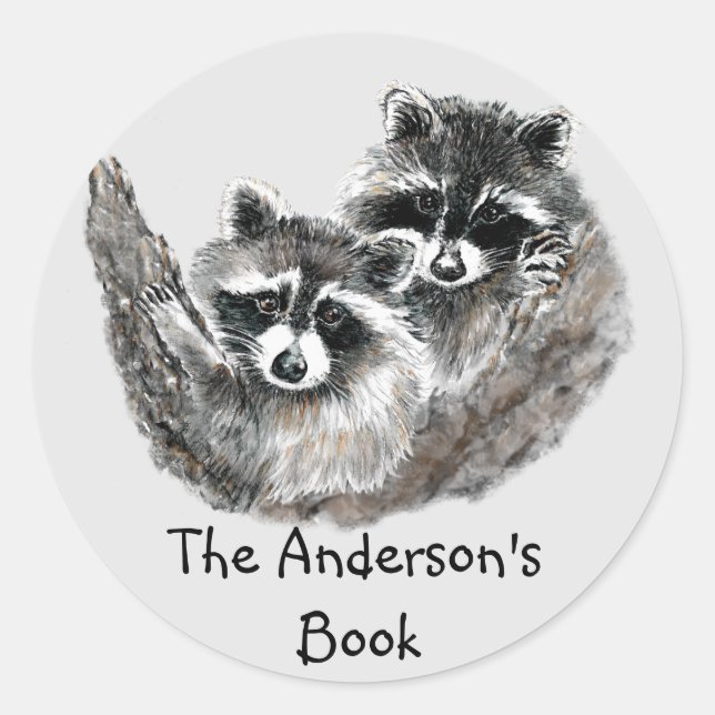 Racoon Family  Book Plate to Customise Classic Round Sticker (Front)